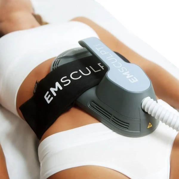 EMSculpt applicators positioned across the abdomen