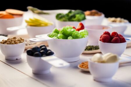 Portion Cups Of Healthy Ingredients On Wooden